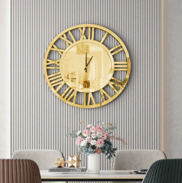 Gold Roman Numeral Wall Clock with Acrylic Mirror Design
