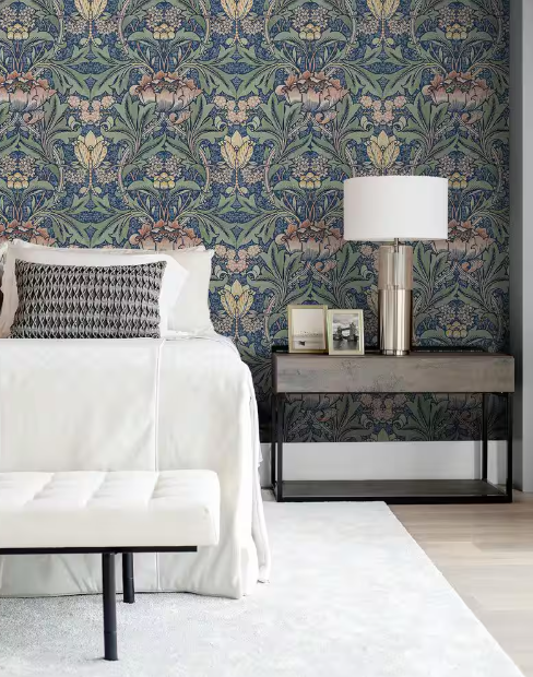 Denim Blue & Salmon Morris Flower Vinyl Peel and Stick Wallpaper Roll