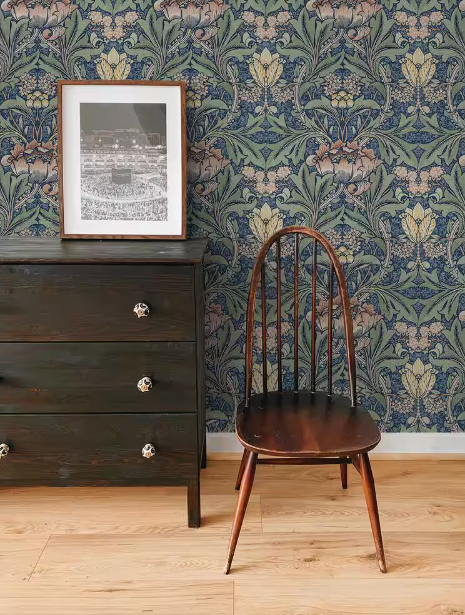 Denim Blue & Salmon Morris Flower Vinyl Peel and Stick Wallpaper Roll