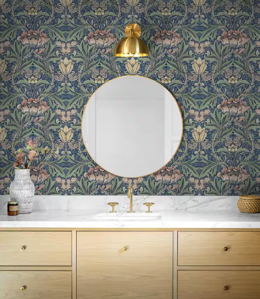 Denim Blue & Salmon Morris Flower Vinyl Peel and Stick Wallpaper Roll