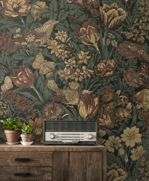 Mahogany and Graphite Bird Floral Vinyl Peel and Stick Wallpaper Roll