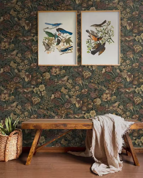 Mahogany and Graphite Bird Floral Vinyl Peel and Stick Wallpaper Roll