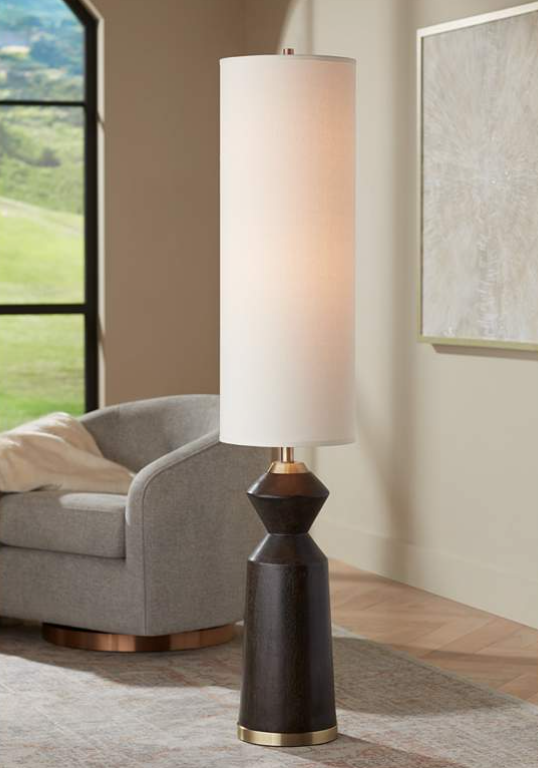 Modern Faux Wood Floor Lamp with Brass Accents