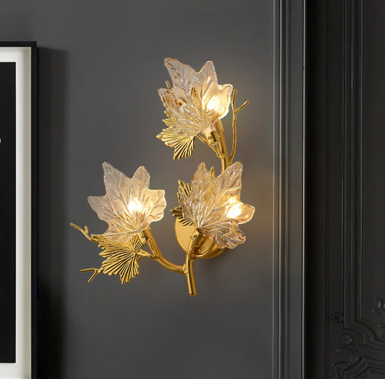 Botanical Gold Wall Sconce Maple Leaf Design with Glass Shades