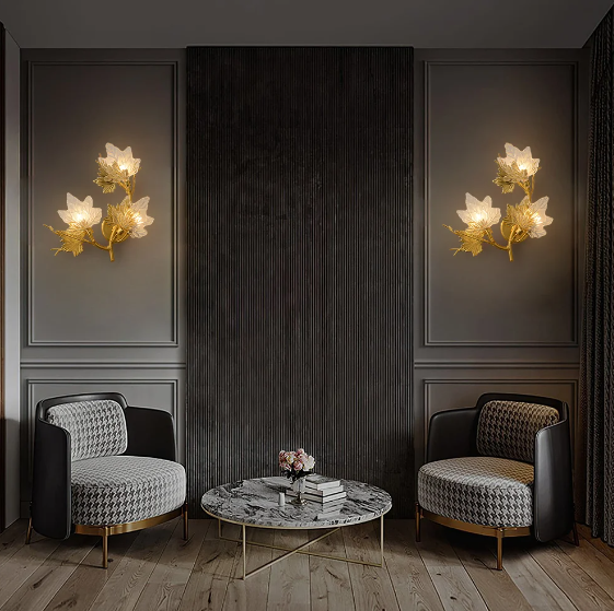 Botanical Gold Wall Sconce Maple Leaf Design with Glass Shades