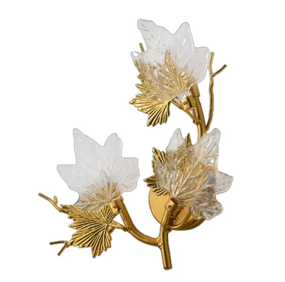 Botanical Gold Wall Sconce Maple Leaf Design with Glass Shades