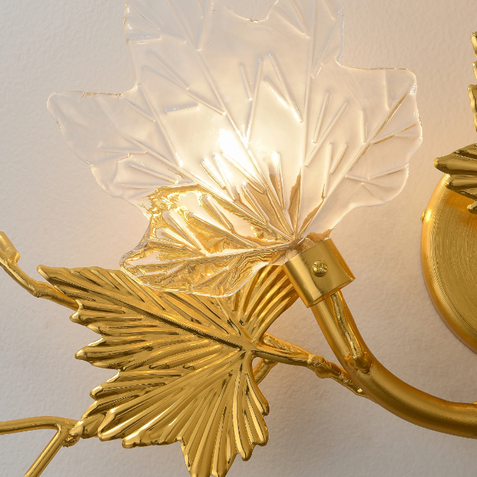 Botanical Gold Wall Sconce Maple Leaf Design with Glass Shades