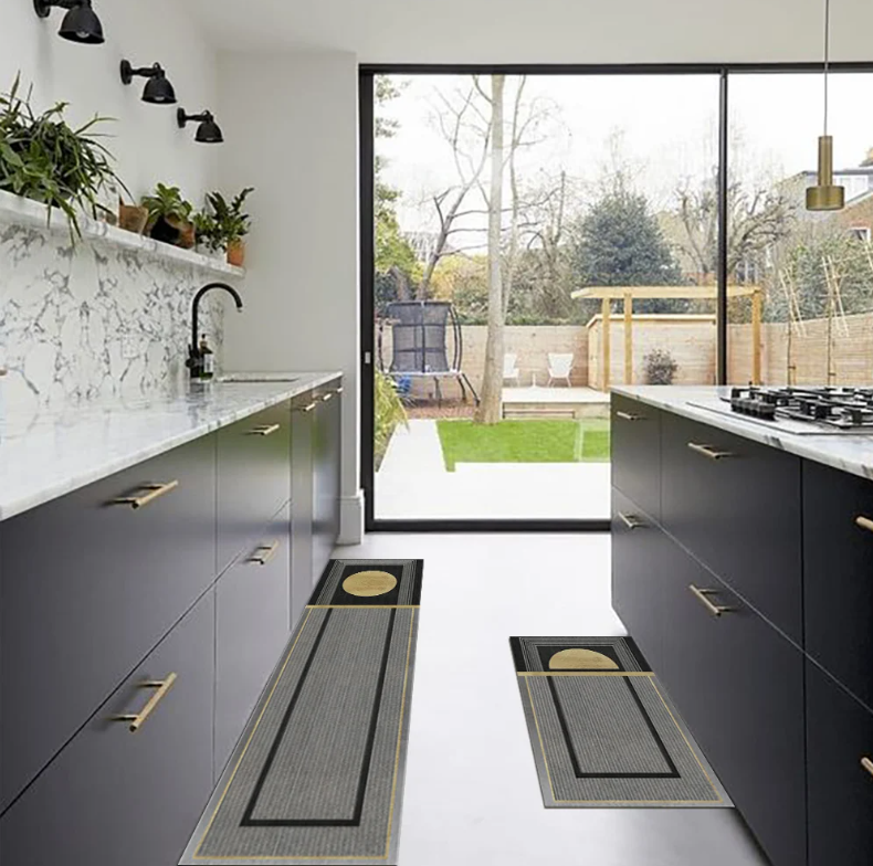 Dark Gray Geometric Kitchen Runner Mat Set – Non-Slip, Modern Design