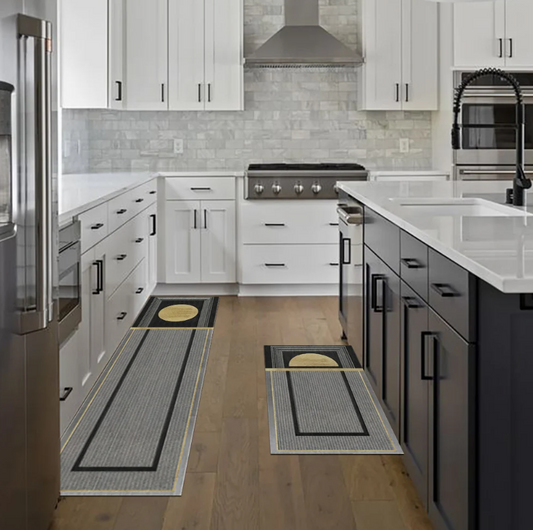 Dark Gray Geometric Kitchen Runner Mat Set – Non-Slip, Modern Design