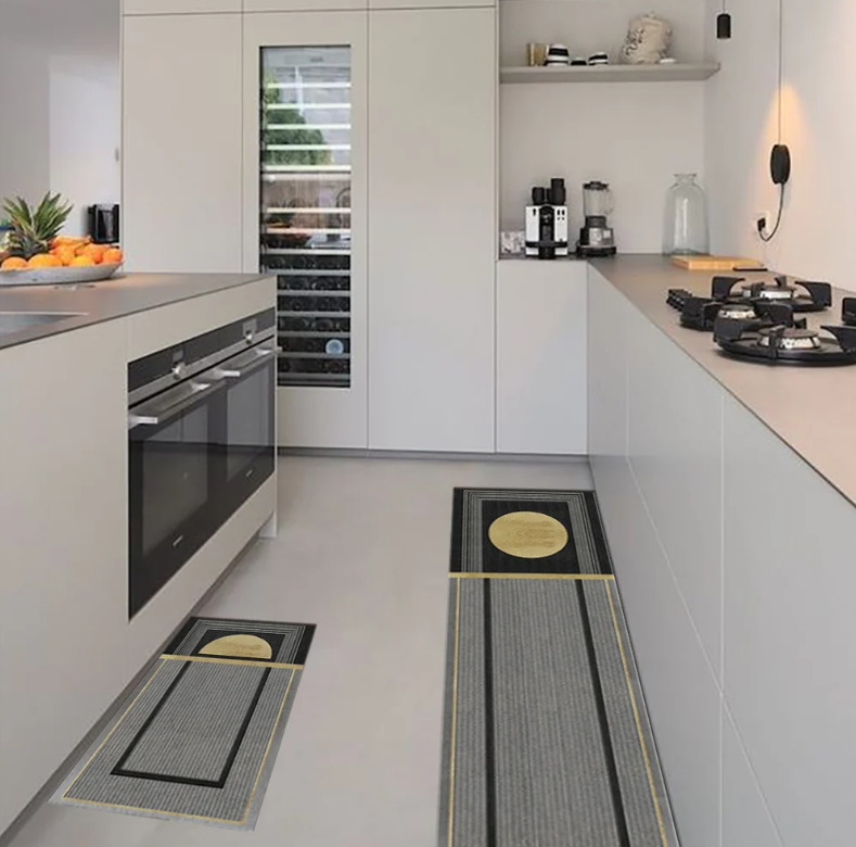 Dark Gray Geometric Kitchen Runner Mat Set – Non-Slip, Modern Design