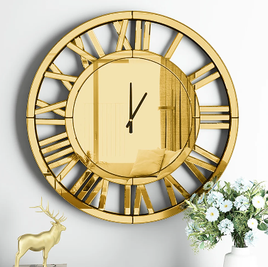 Gold Roman Numeral Wall Clock with Acrylic Mirror Design