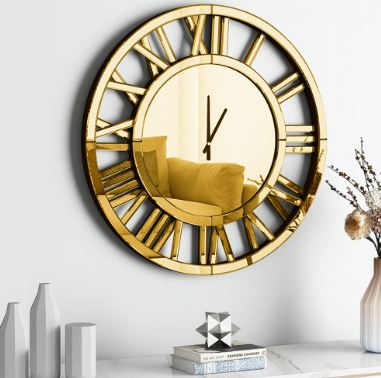 Gold Roman Numeral Wall Clock with Acrylic Mirror Design